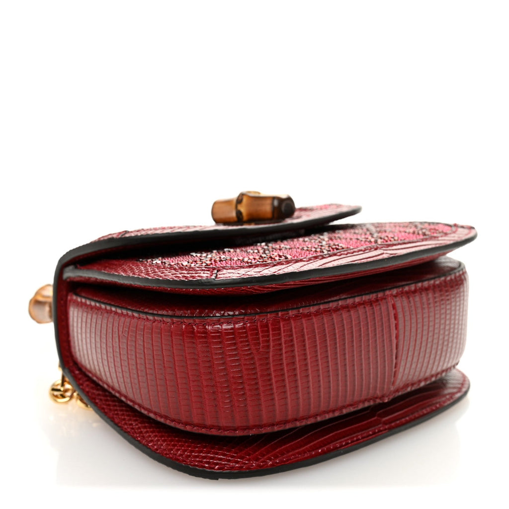 Moire Fabric Calfskin Rhinestone Monogram Monochrome Lizard Embossed Mini Bamboo 1947 Top Handle Chain Bag Red