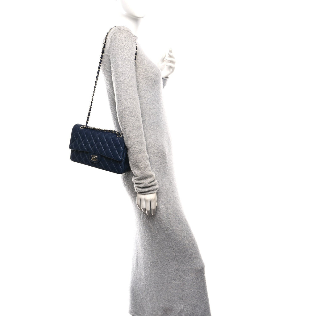 Lambskin Quilted Medium Double Flap Navy