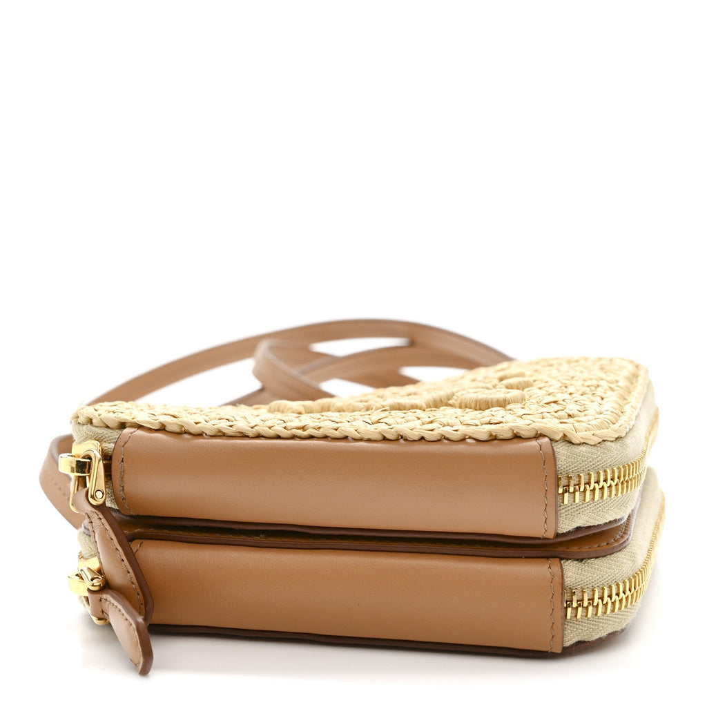 Raffia Calfskin Crochet Logo Embroidered Mini Triangle Crossbody Pouch Naturale