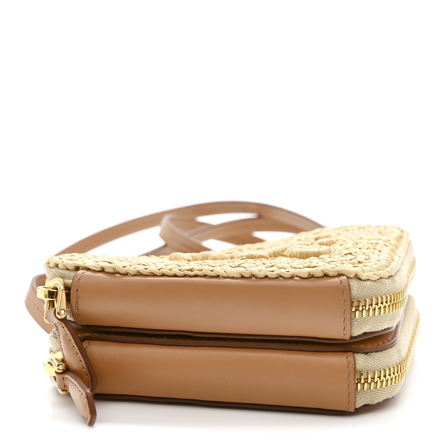 Raffia Calfskin Crochet Logo Embroidered Mini Triangle Crossbody Pouch Naturale