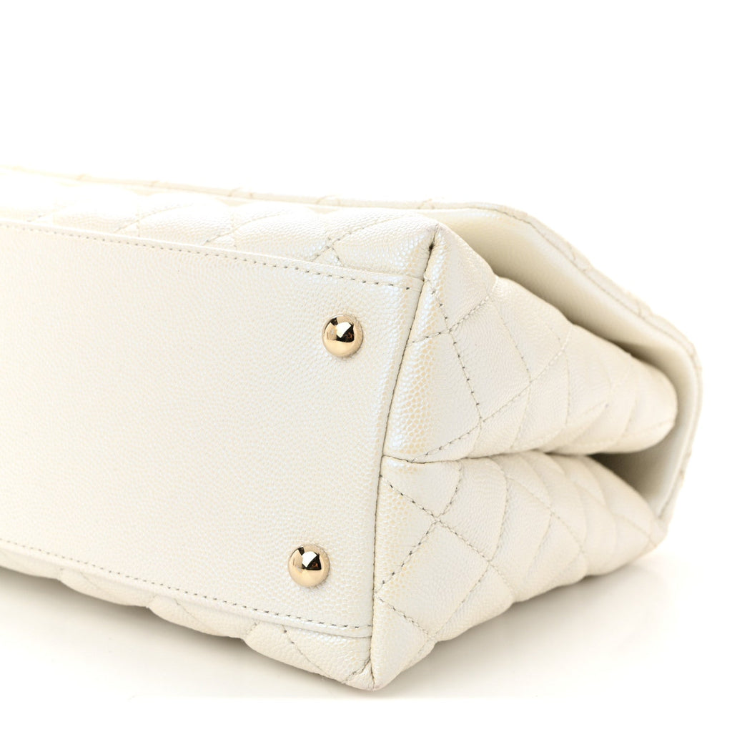 Iridescent Caviar Quilted Small Coco Handle Flap White