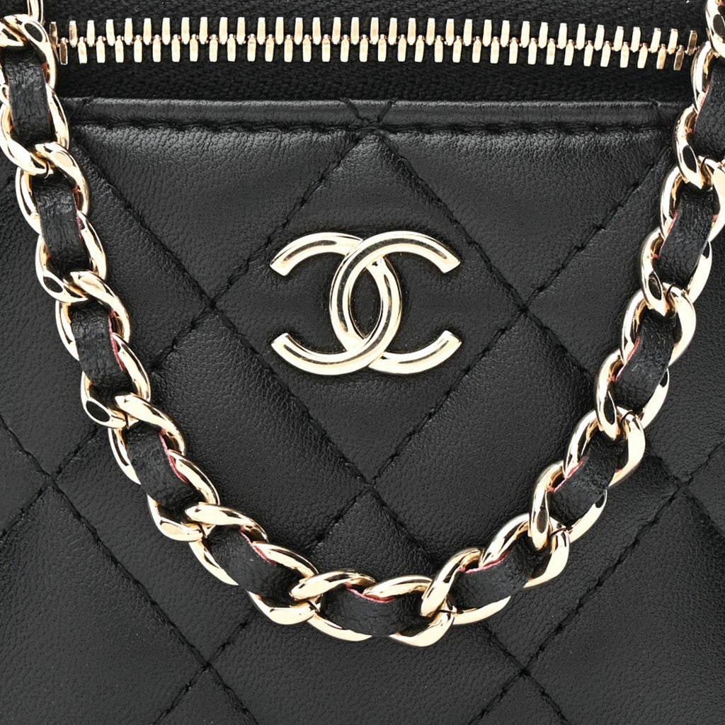 Lambskin Quilted Top Handle Mini Vanity Case With Chain Black Pink