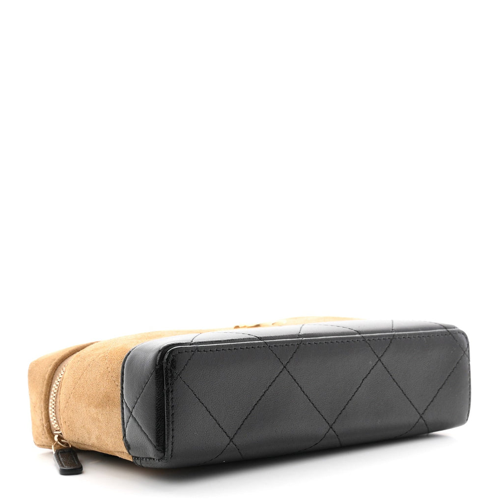 Suede Calfskin Shiny Lambskin Quilted Top Handle Slim Vanity Case With Chain Beige Black