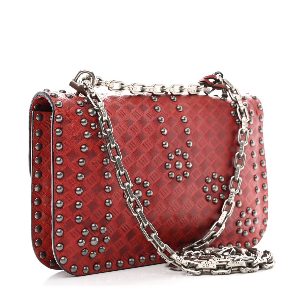 Calfskin Cannage Embossed Studded Small Dioraddict Flap Bag Red