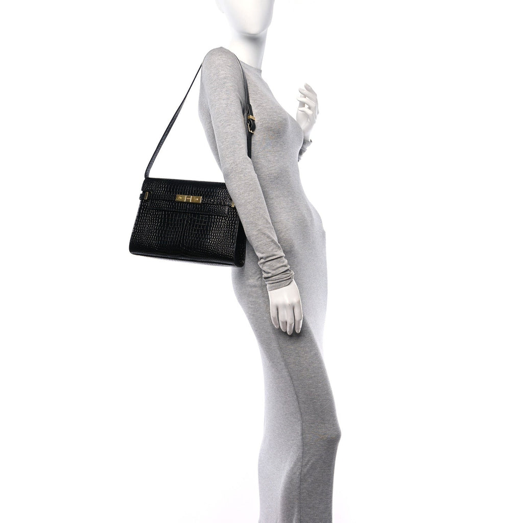 Shiny Calfskin Crocodile Embossed Manhattan Baguette Black