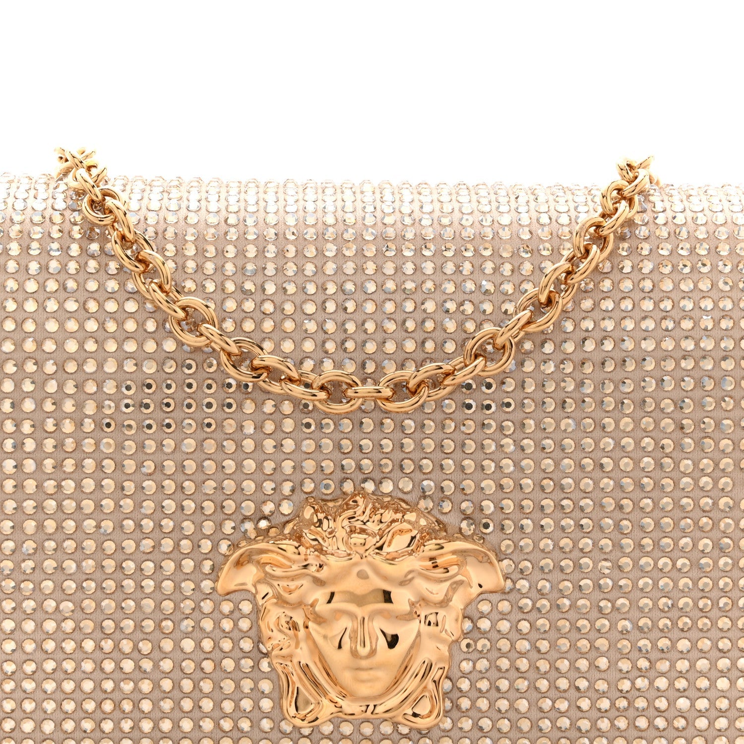 Satin Crystal Medusa Chain Clutch Beige