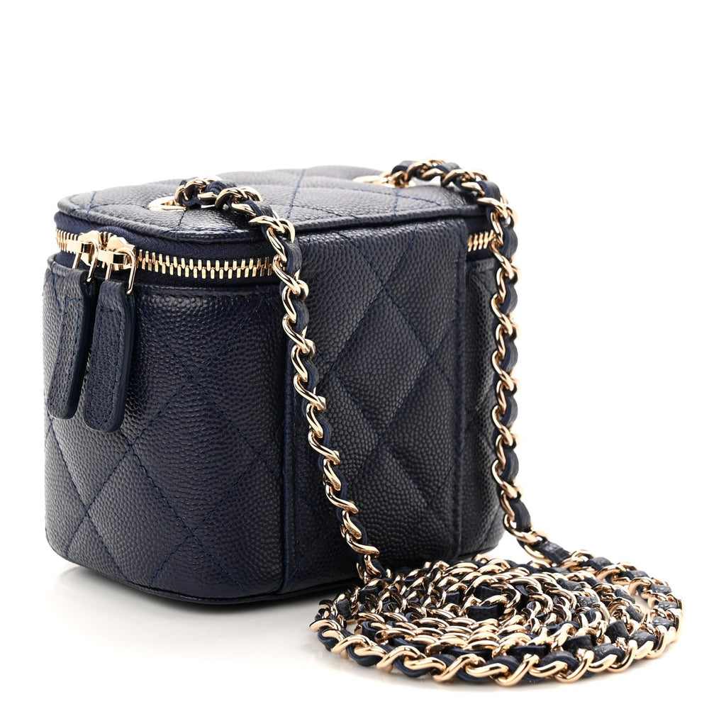 Caviar Quilted Mini Vanity Case With Chain Navy Blue