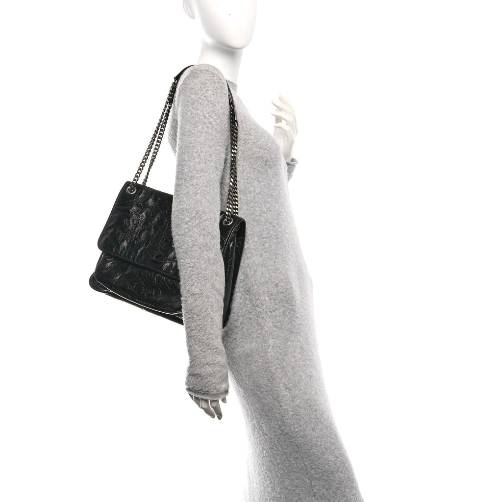 Crinkled Calfskin Matelasse Monogram Large Niki Chain Satchel Black