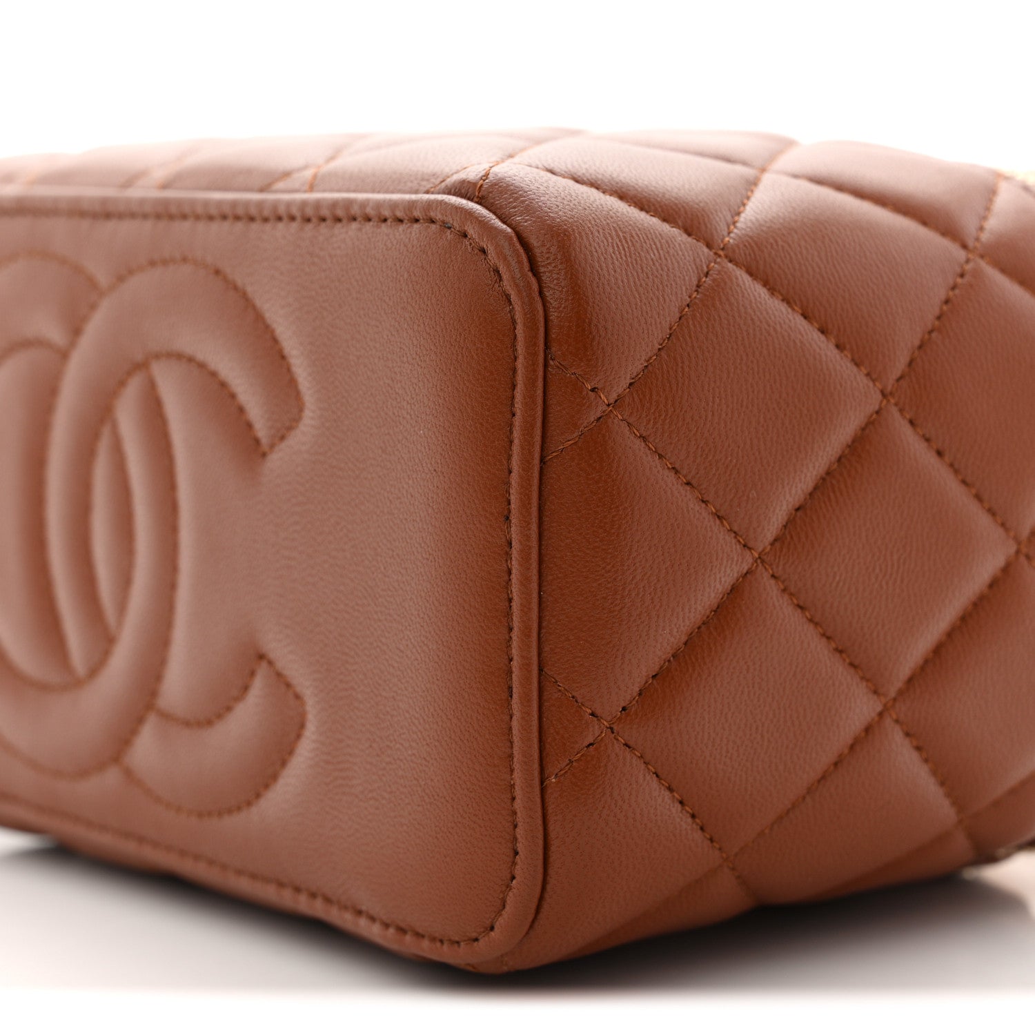 Lambskin Quilted Small Top Handle Vanity Case With Chain Light Brown Yellow