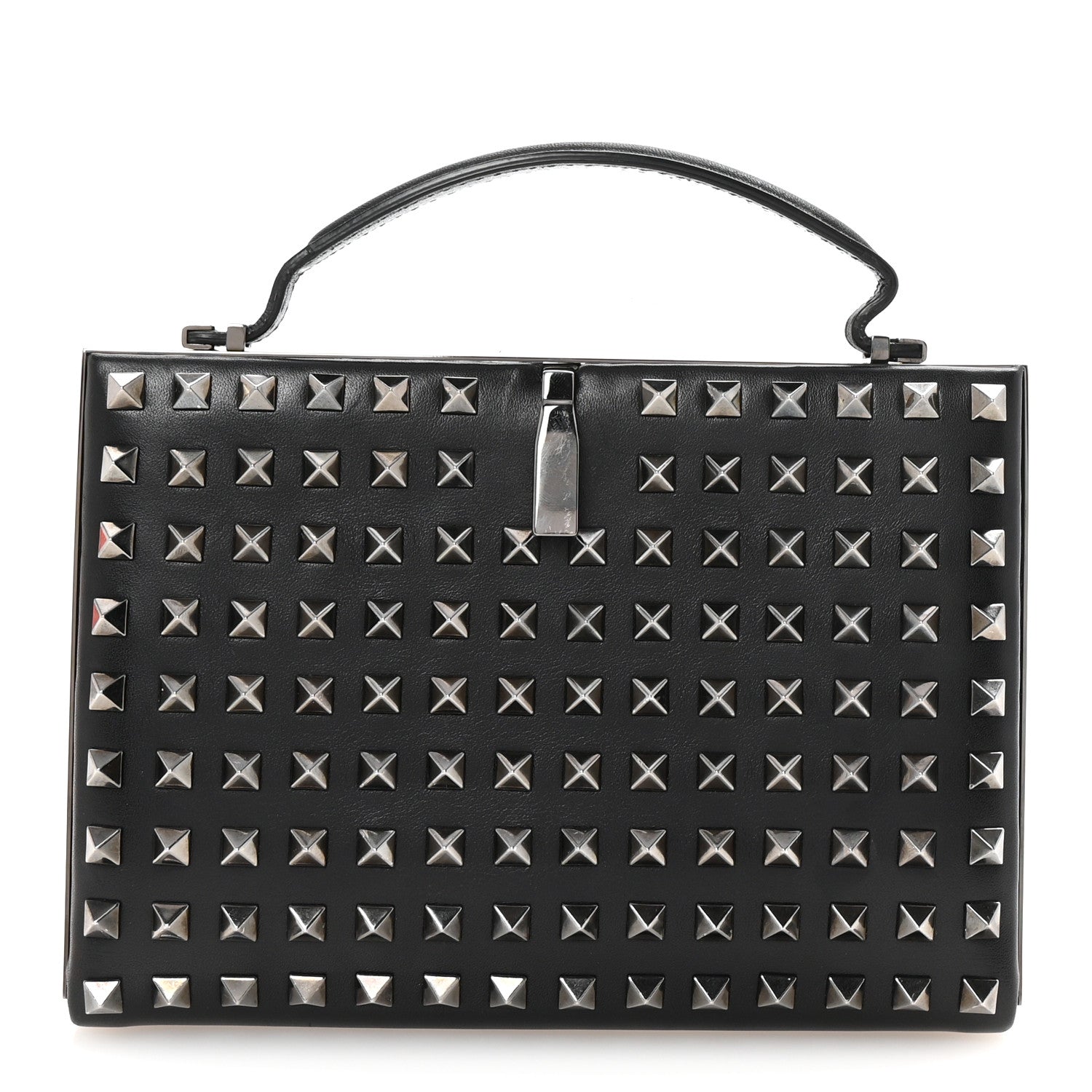 Vitello Monochrome Rockstud Allover Top Handle Clutch Black