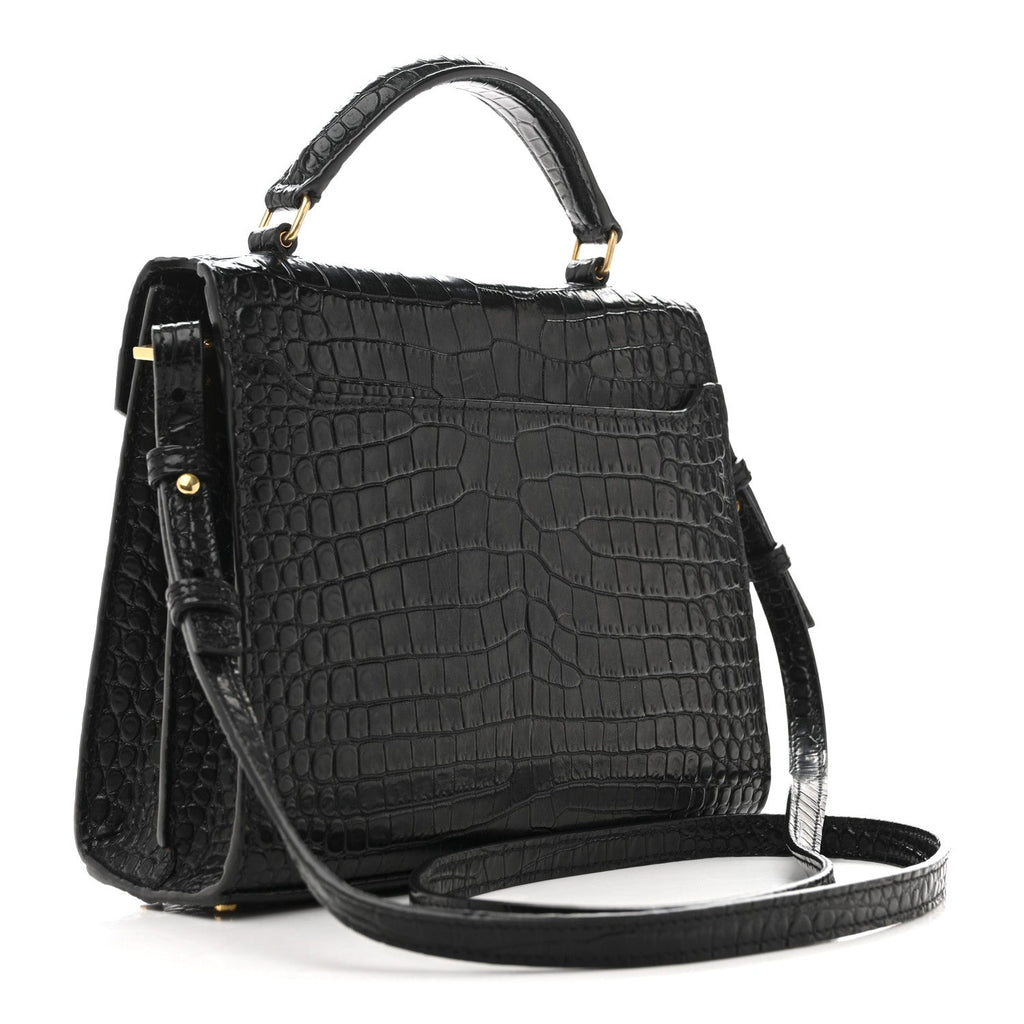 Calfskin Crocodile Embossed Mini Classic Monogram Cassandra Top Handle Black