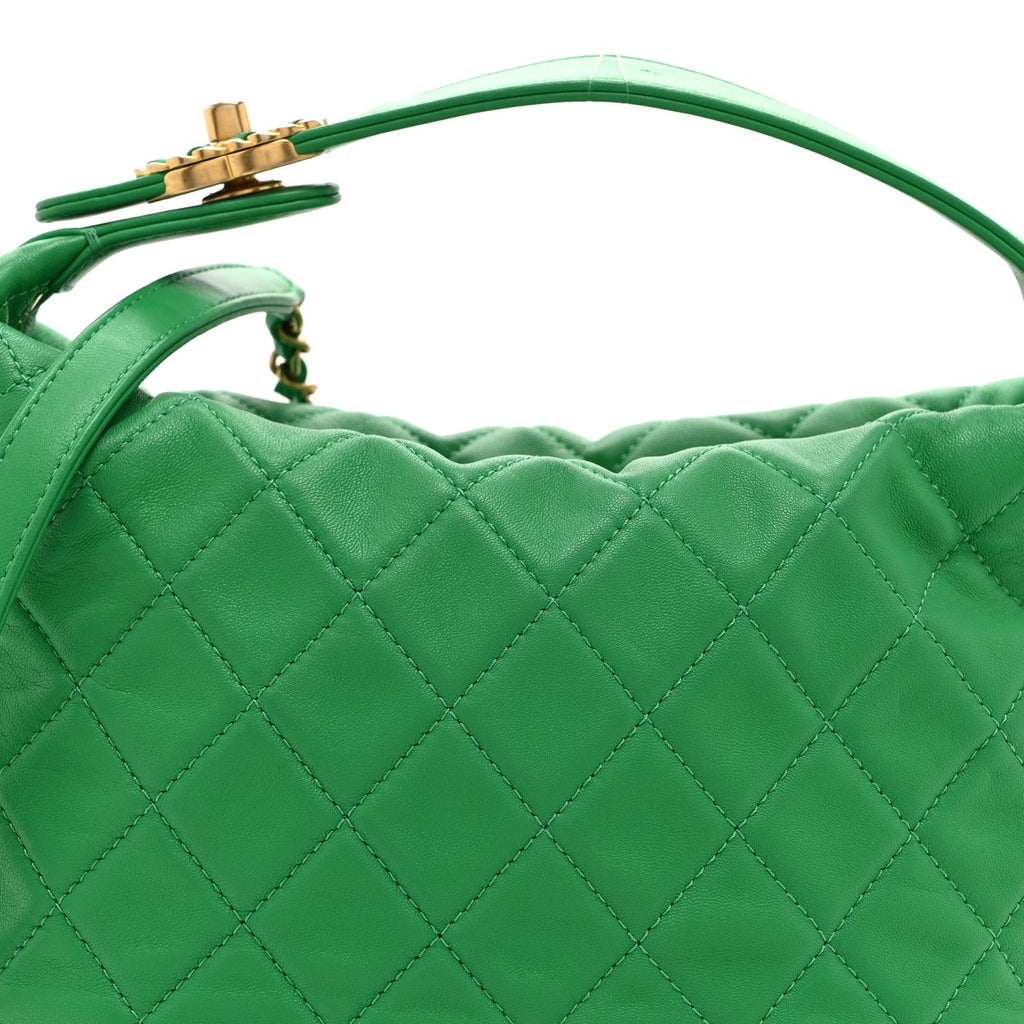 Lambskin Quilted Large Perfect Meeting Hobo Green