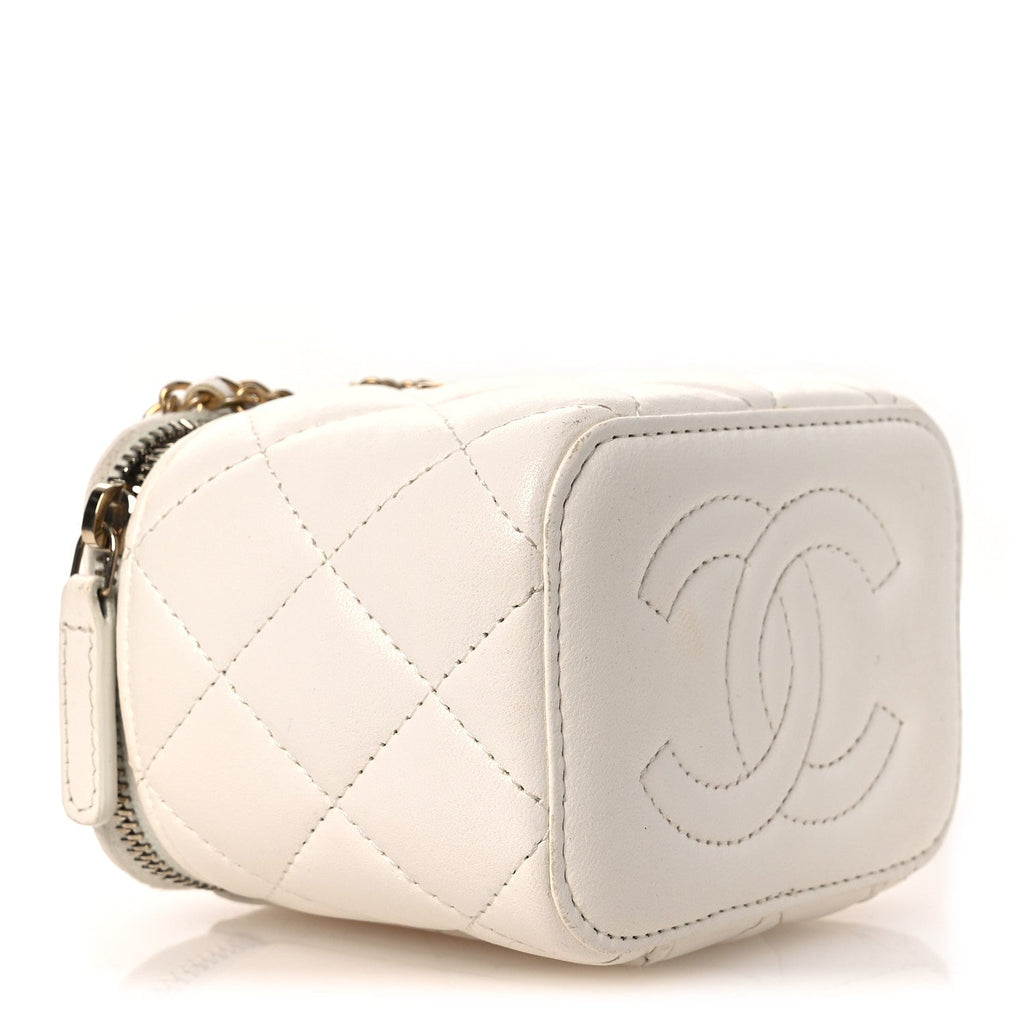Lambskin Quilted Mini Vanity Case With Chain White