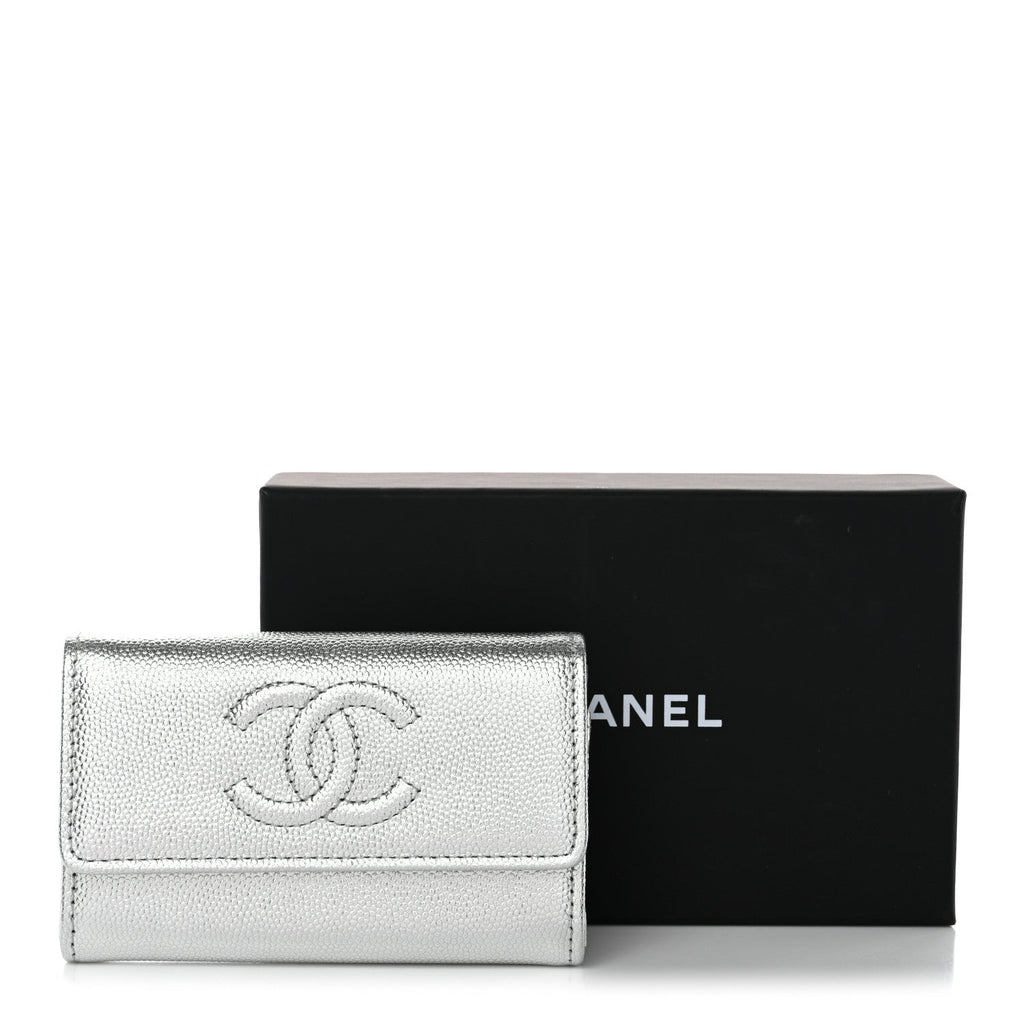 Metallic Caviar Timeless CC Flap  Holder Silver