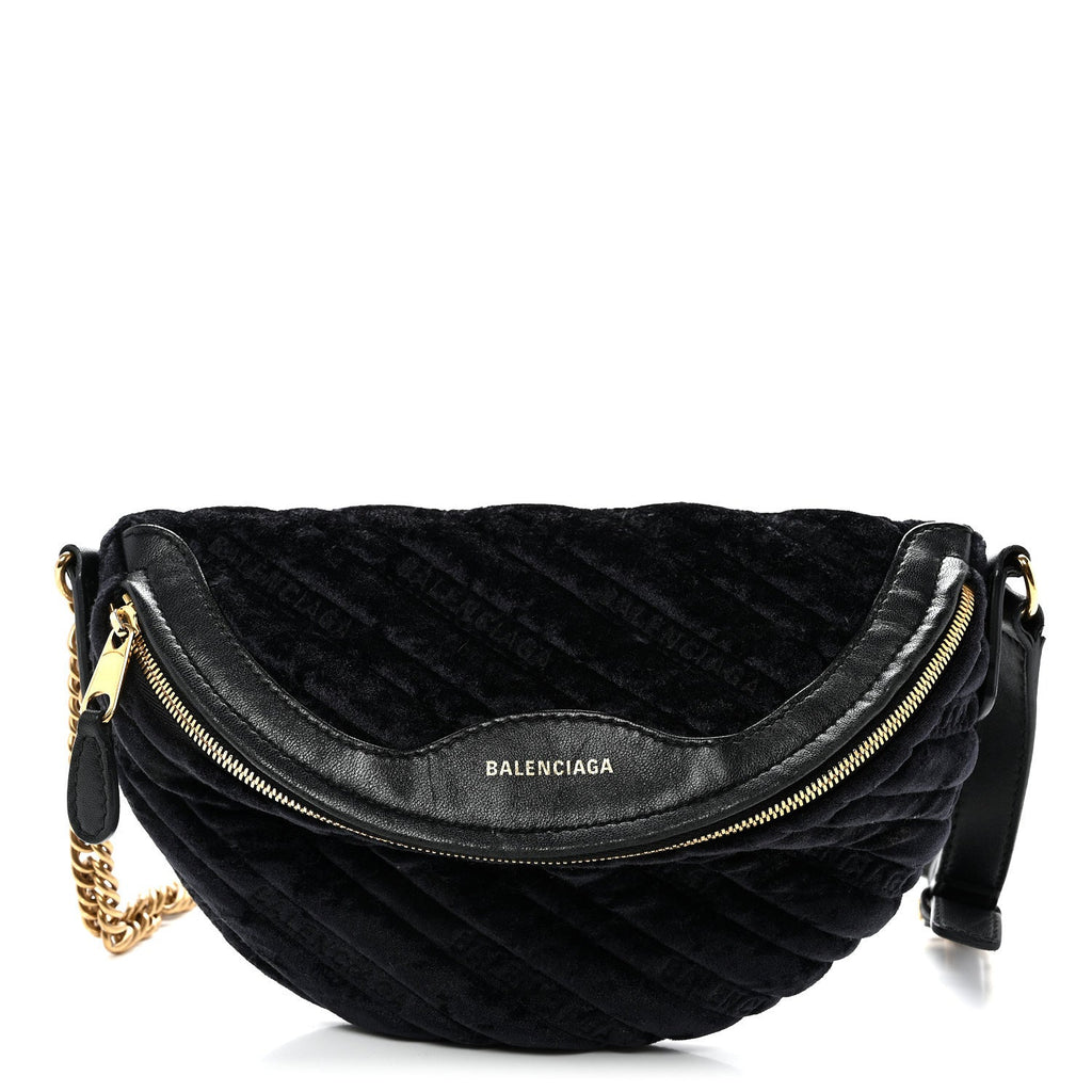 Crushed Velvet Logo Embossed XXS Souvenir Belt Bag Black