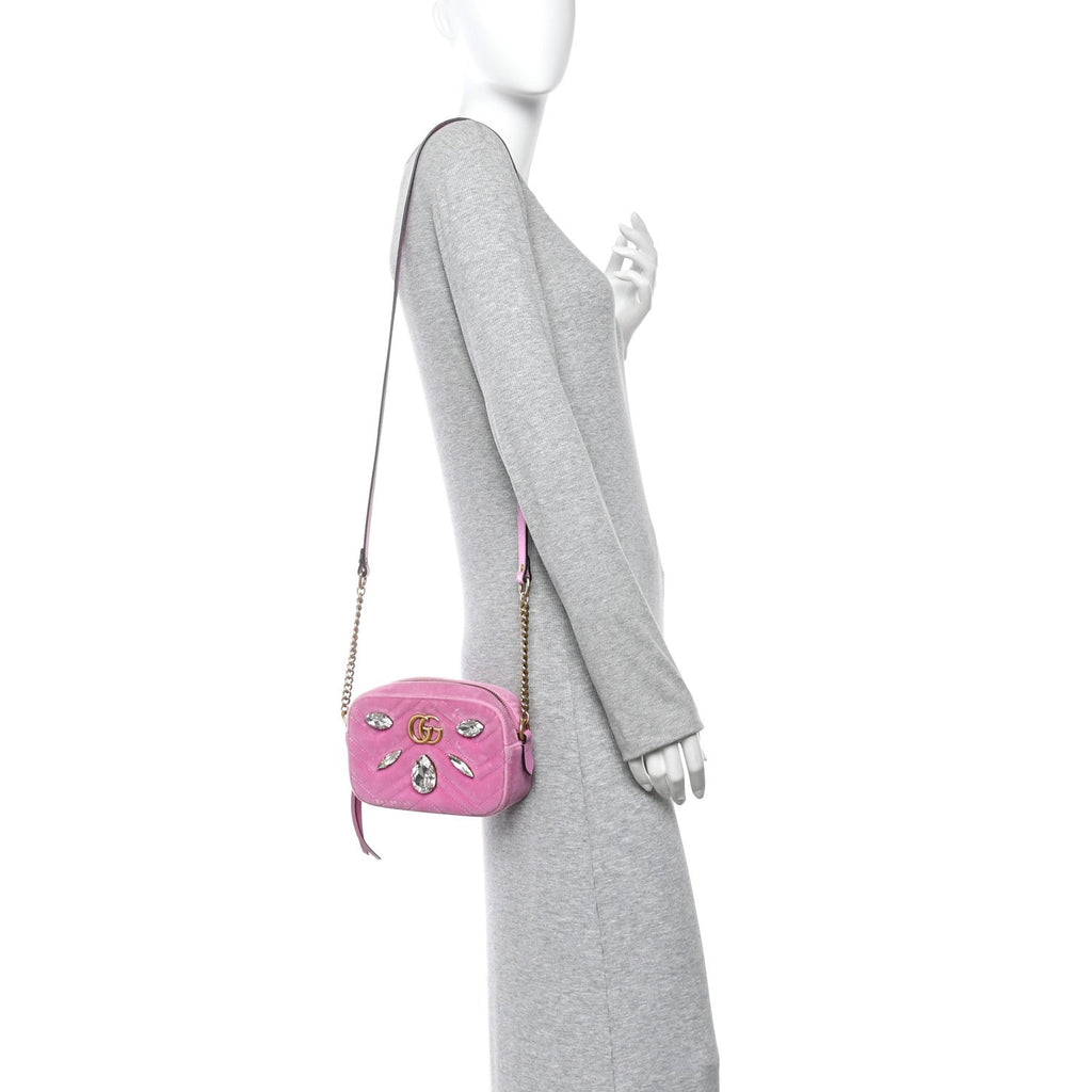 Velvet Matelasse Marquise Crystals Mini GG Marmont Chain Shoulder Bag Malva