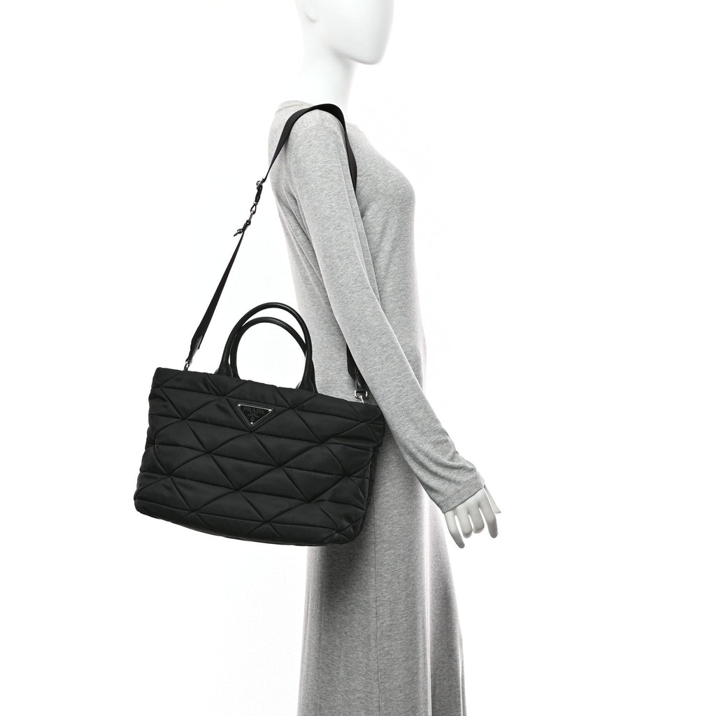Re-Nylon Nappa Triangle Quilted Padded Medium Double Handled Zip Tote Black