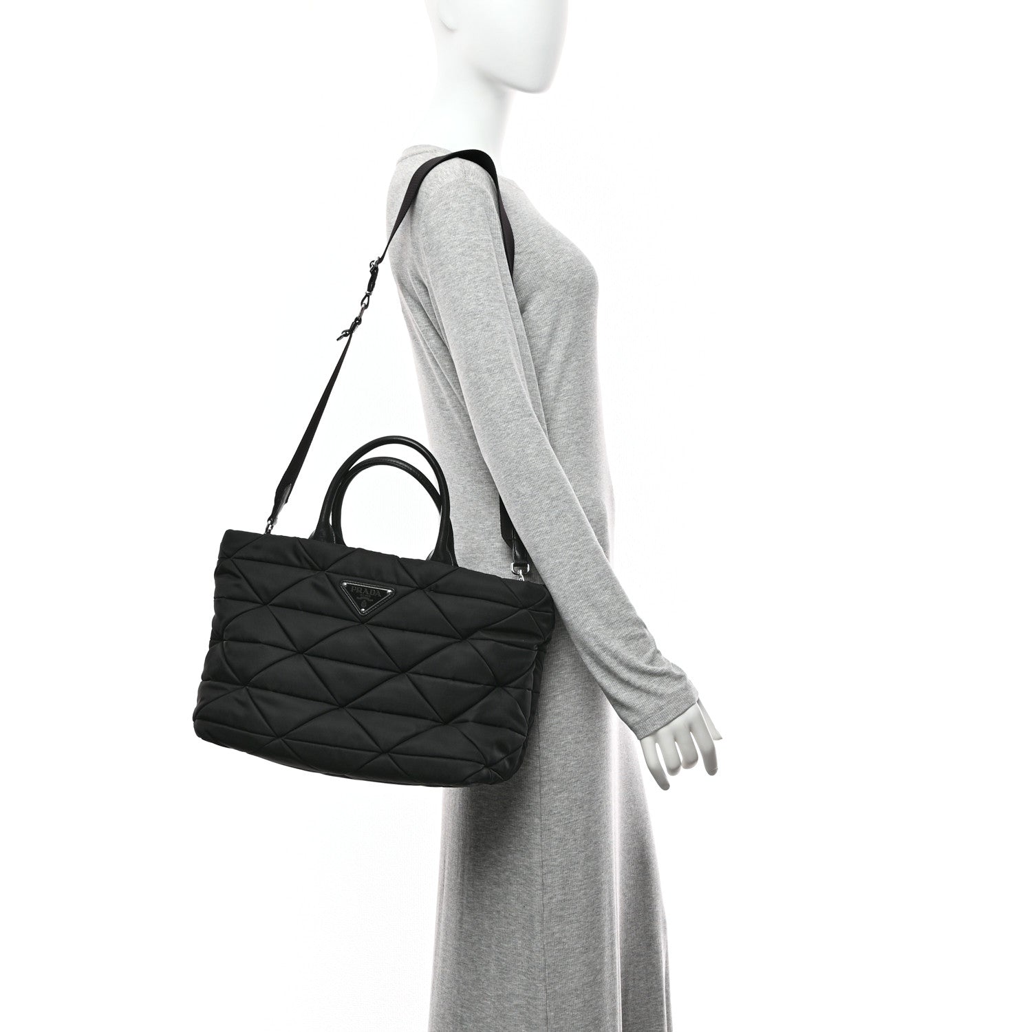 Re-Nylon Nappa Triangle Quilted Padded Medium Double Handled Zip Tote Black