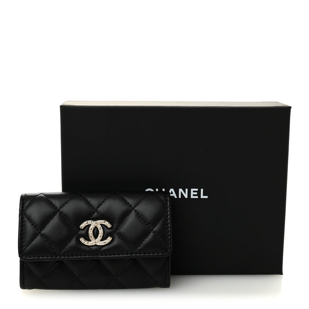 Shiny Lambskin Quilted Textured CC  Holder Black