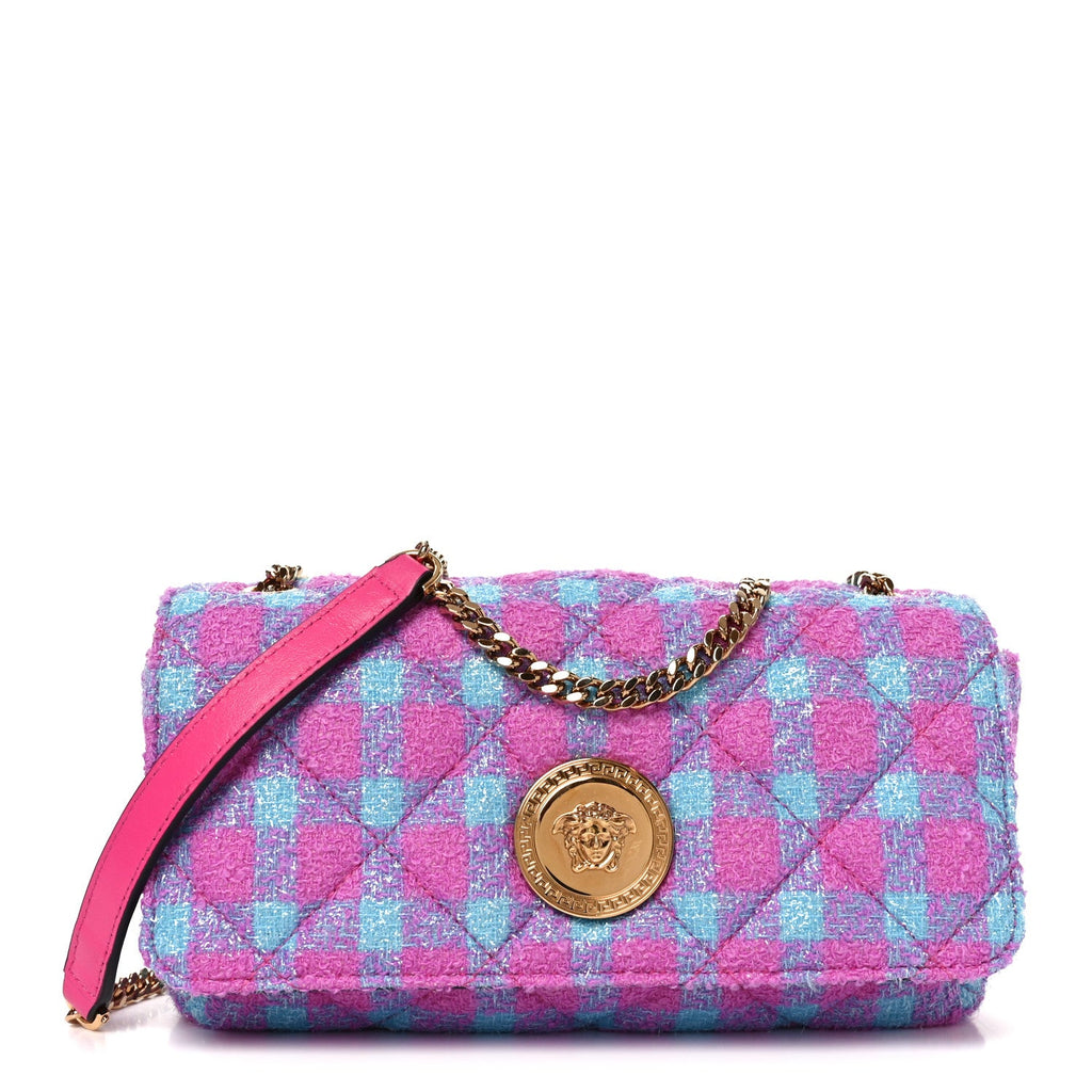 Tweed Quilted Medusa Medium Chain Crossbody Pink Blue