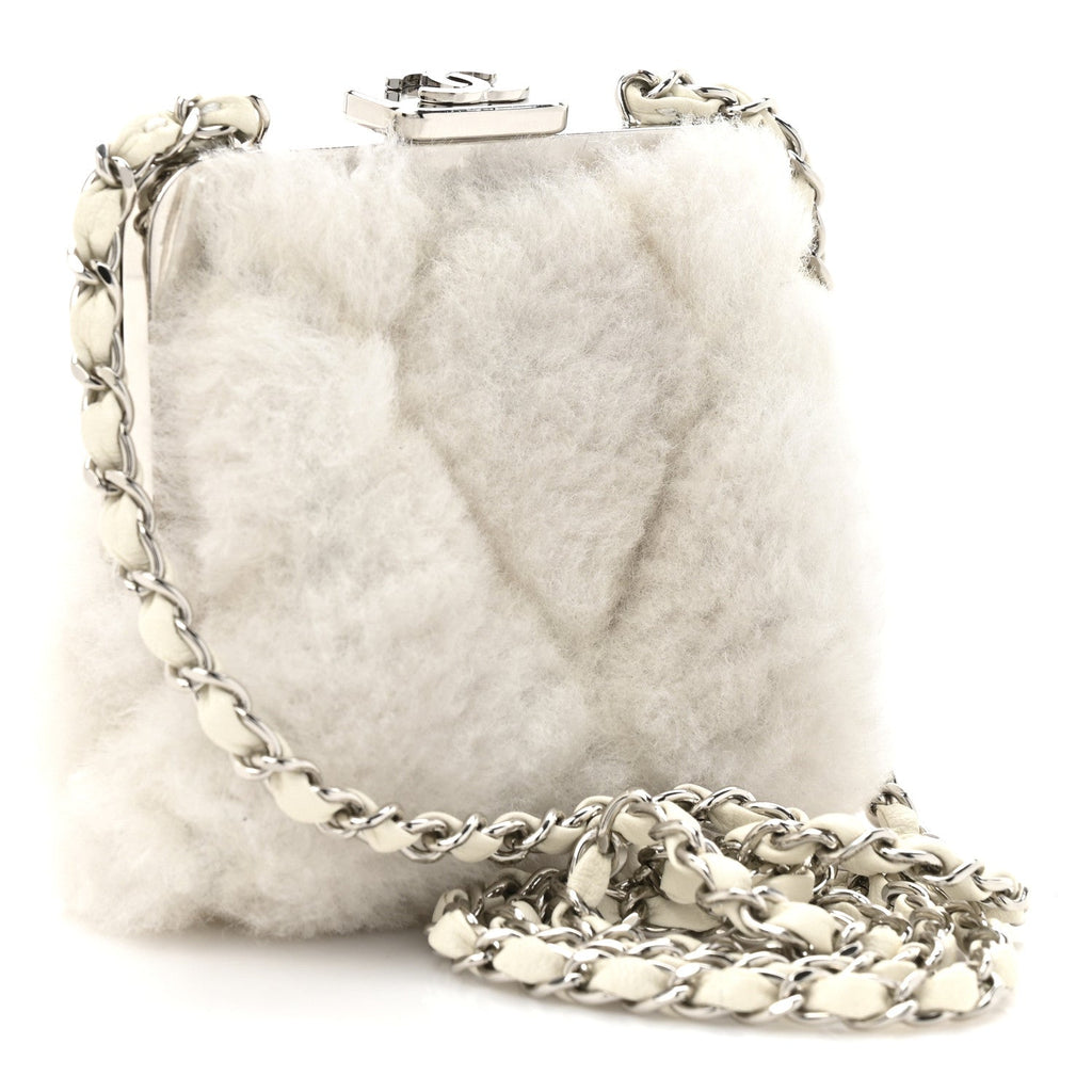 Shearling Sheepskin Lambskin Quilted Clutch With Chain White