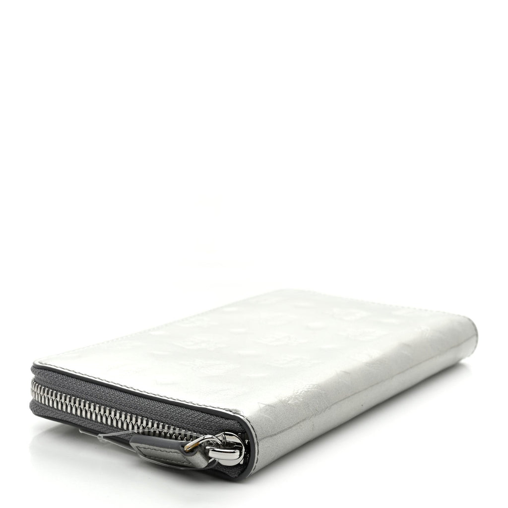 Metallic Monogram Patent Large Zip Around Wallet Silver