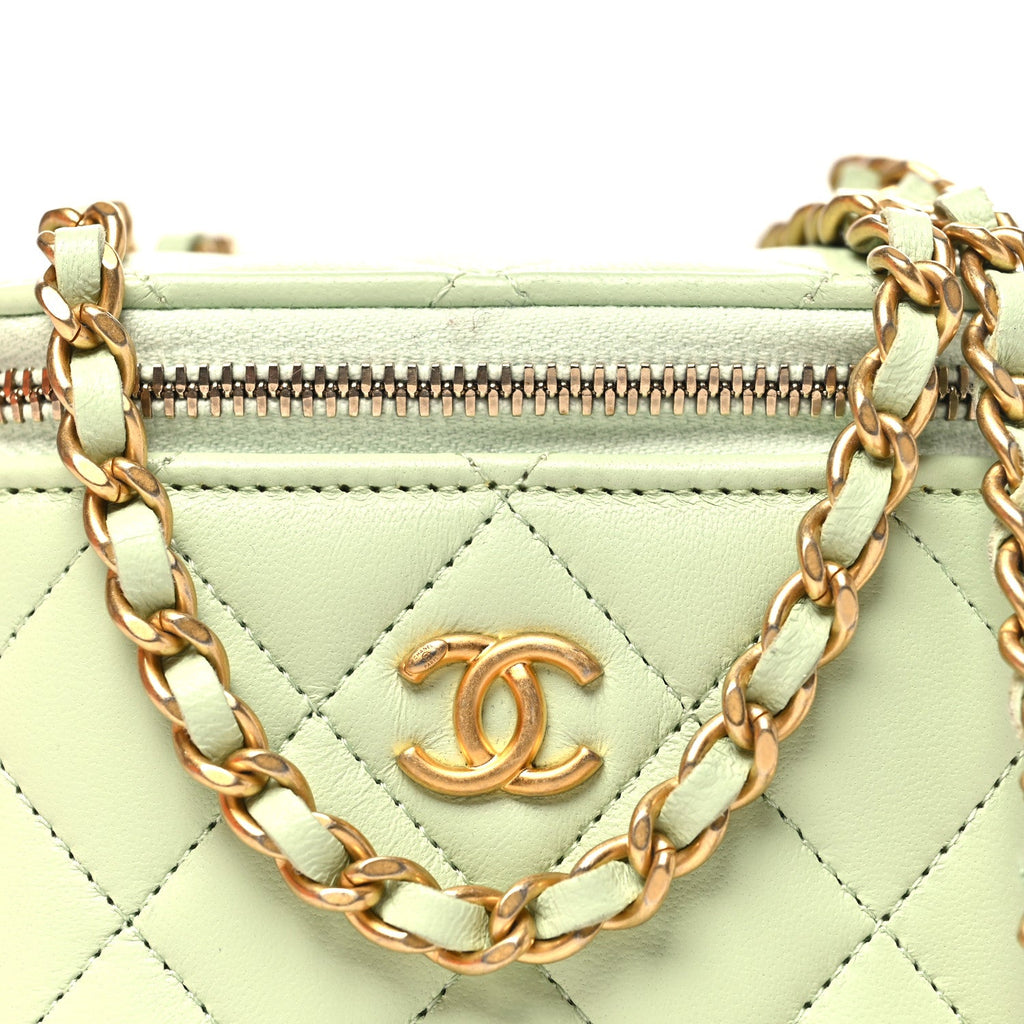 Lambskin Quilted Pearl Crush Mini Vanity Case With Chain Light Green