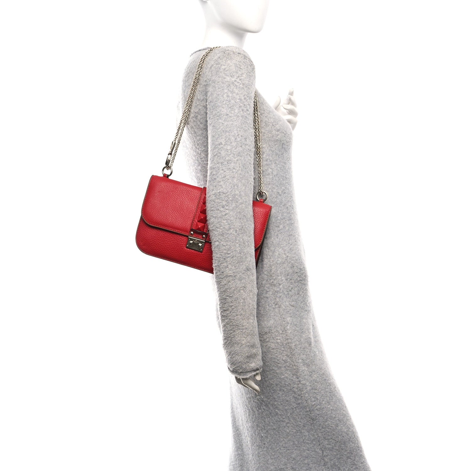 Pebbled Calfskin Monochrome Medium Glam Lock Rockstud Flap Rosso Valentino