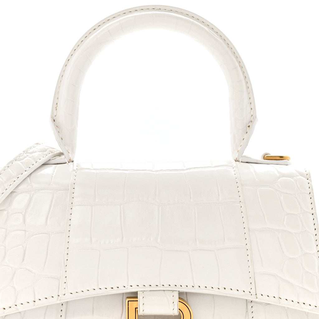 Shiny Calfskin Crocodile Embossed Hourglass Top Handle Bag XS White