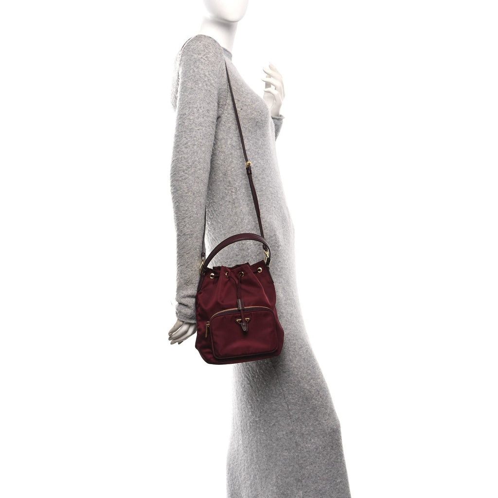 Saffiano Tessuto Nylon Mini Bucket Crossbody Bag Granato