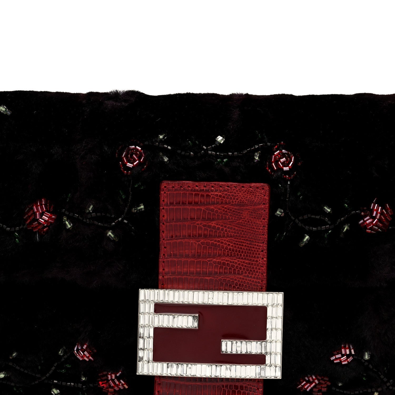 Rabbit Fur Lizard Crystal Beaded Rose Baguette Brown Red