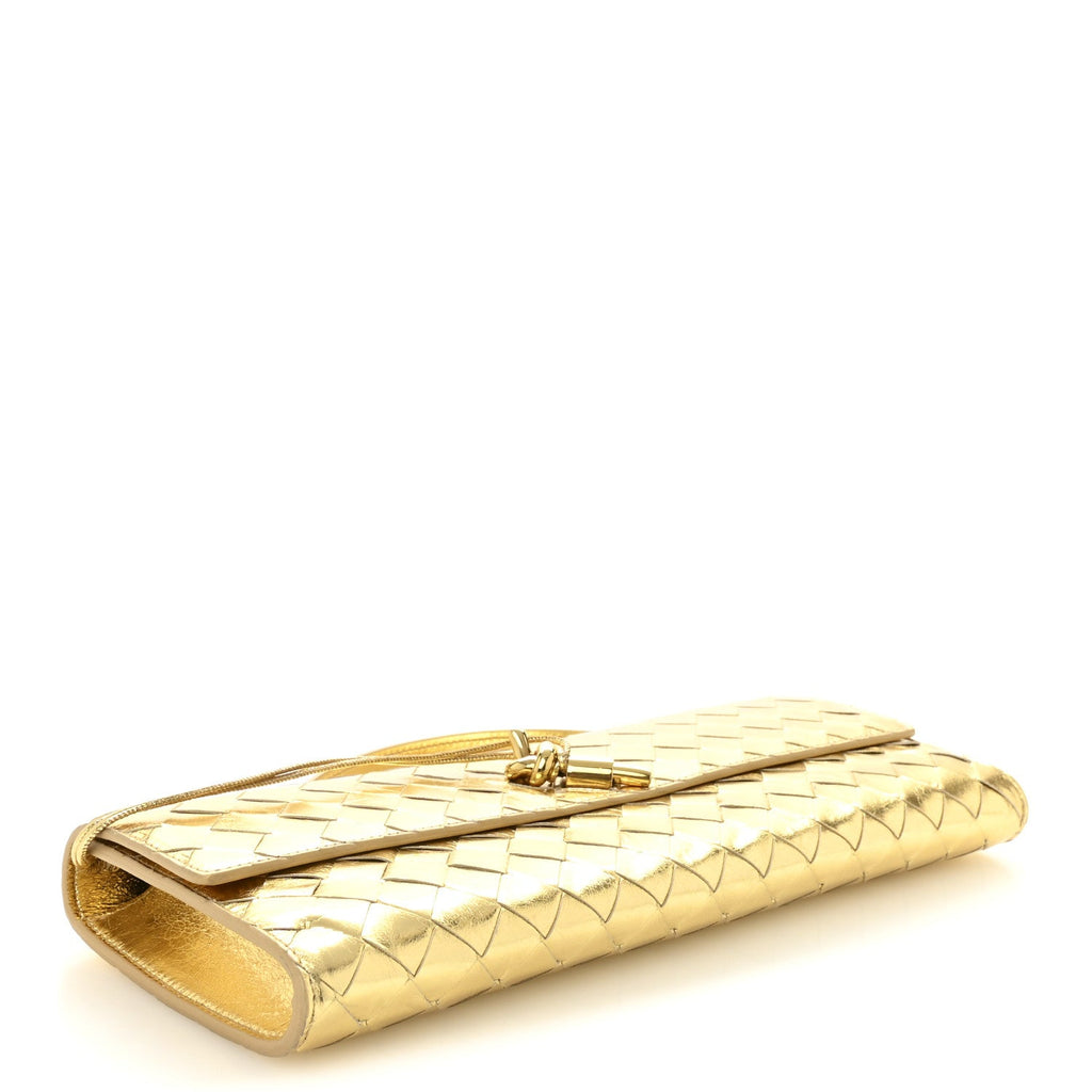 Metallic Lambskin Intrecciato Long Andiamo Top Handle Clutch Gold