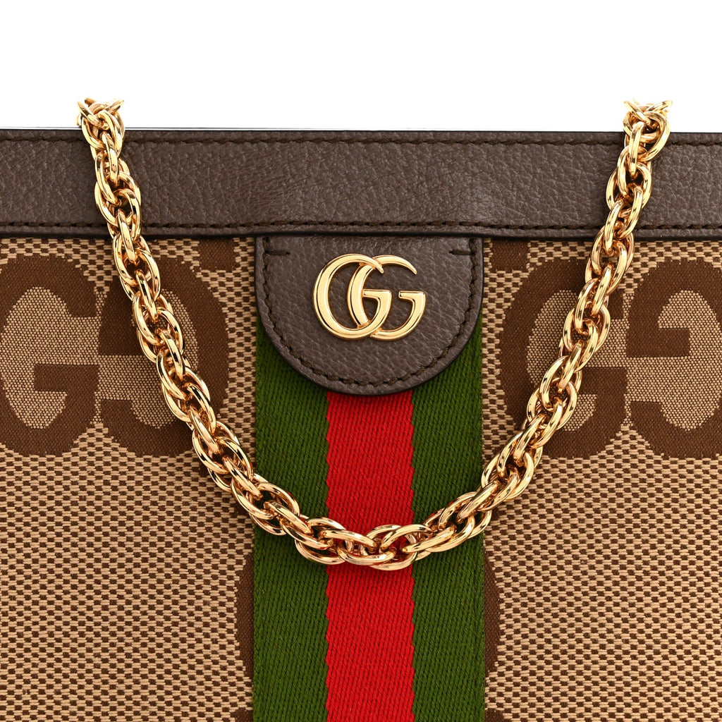 Monogram Jumbo GG Textured Dollar Calfskin Web Small Ophidia Chain Shoulder Bag Camel Ebony New Acero
