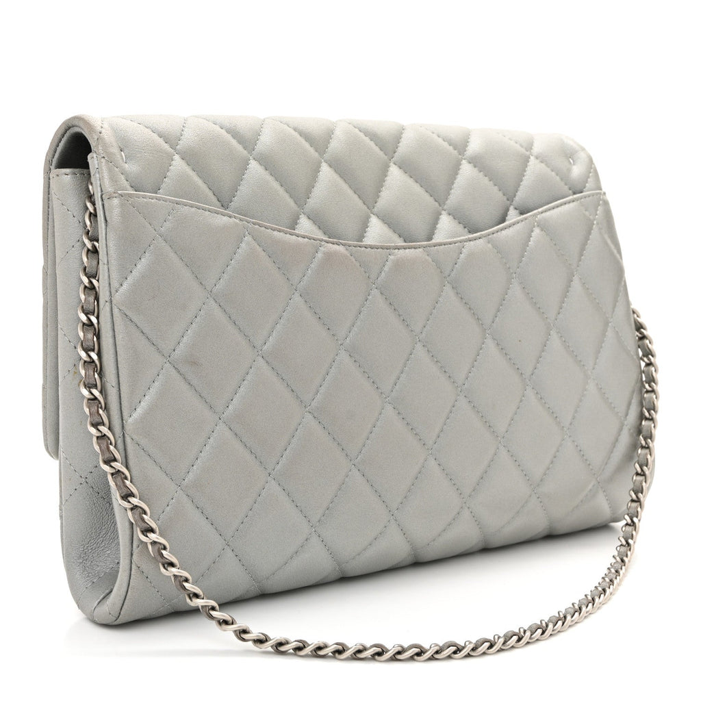 Metallic Lambskin Quilted Clutch With Chain Flap Silver