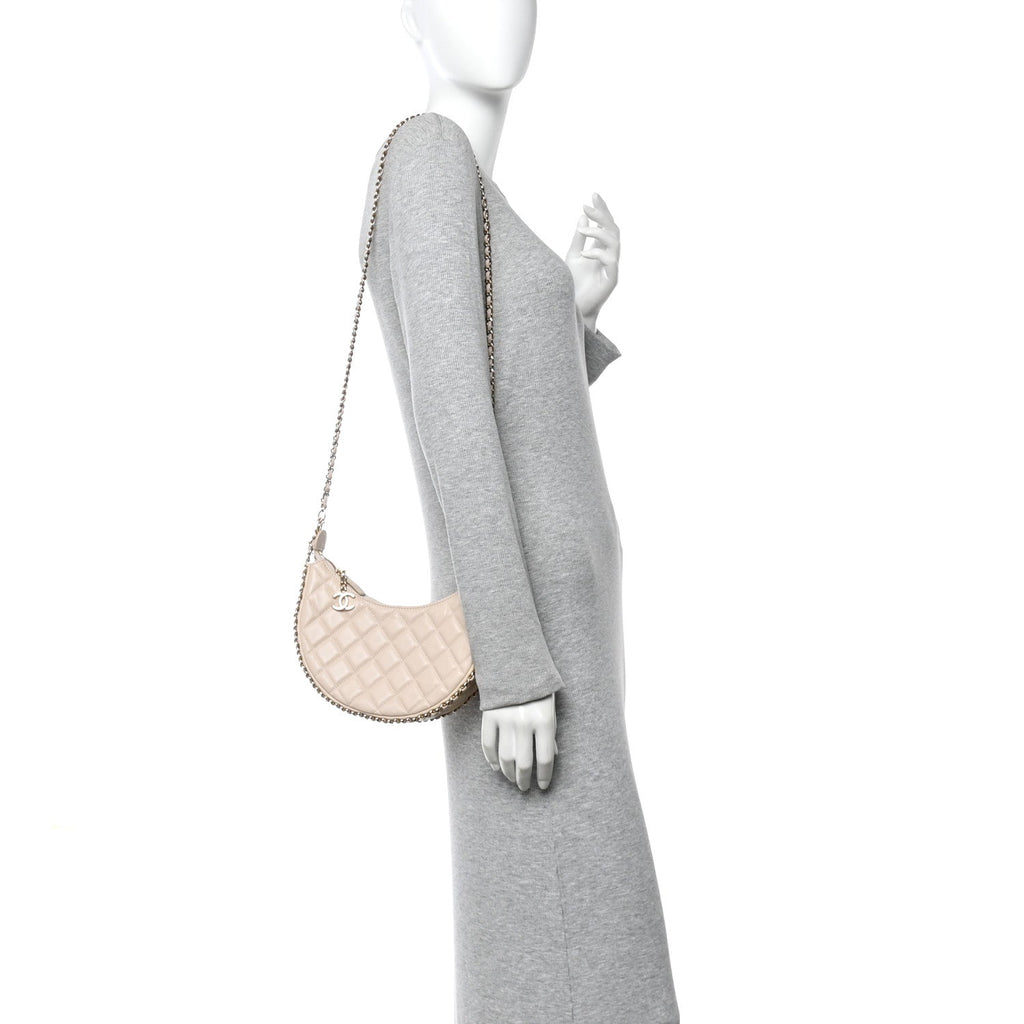 Lambskin Quilted Small Hobo Bag Light Beige