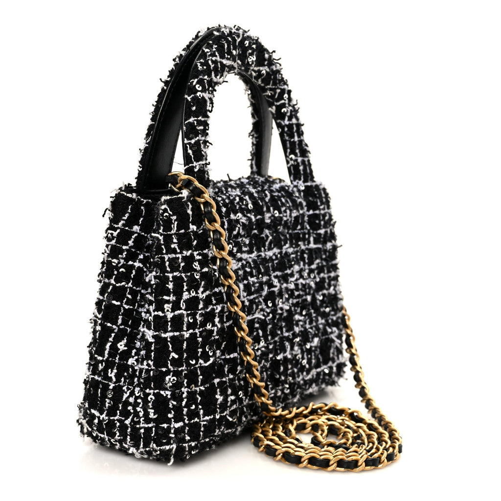 Tweed Quilted Nano Kelly Shopper Black White
