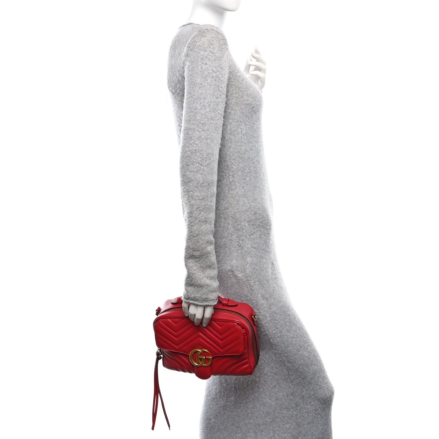 Calfskin Matelasse Sylvie Web Small GG Marmont Top Handle Shoulder Bag Hibiscus Red