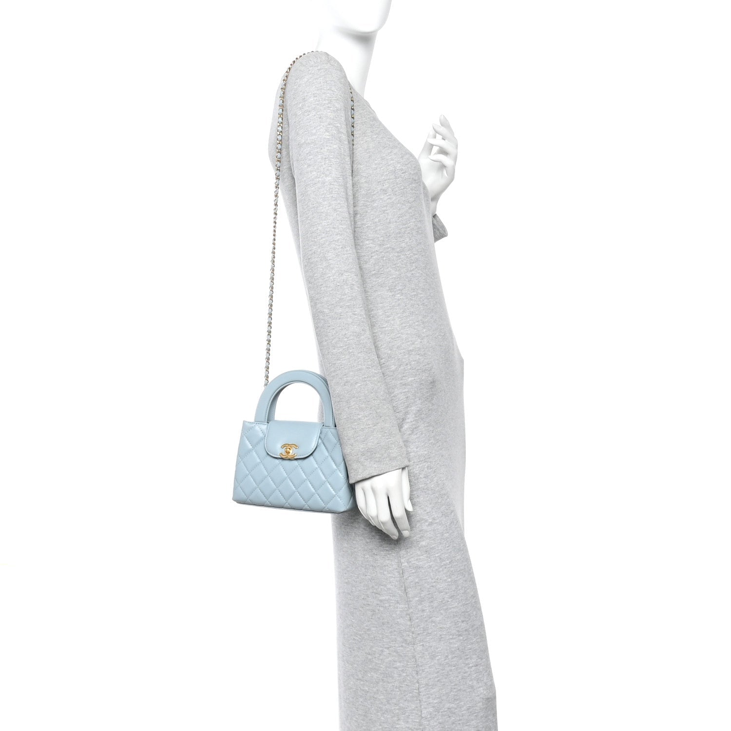 Shiny Aged Calfskin Quilted Nano Kelly Shopper Light Blue