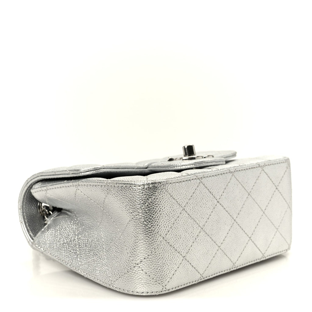Metallic Caviar Quilted Mini Square CC Slide Flap Silver
