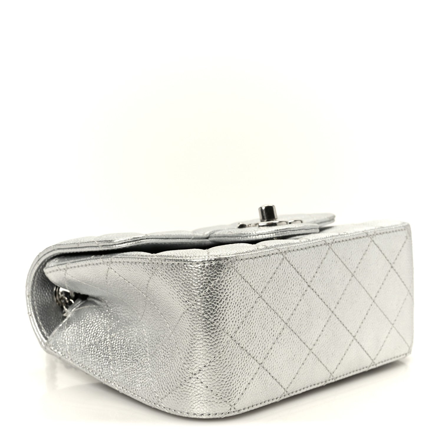 Metallic Caviar Quilted Mini Square CC Slide Flap Silver
