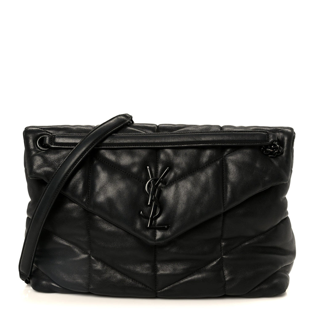 Lambskin Quilted Monogram Monochrome Medium Loulou Puffer Chain Satchel Black