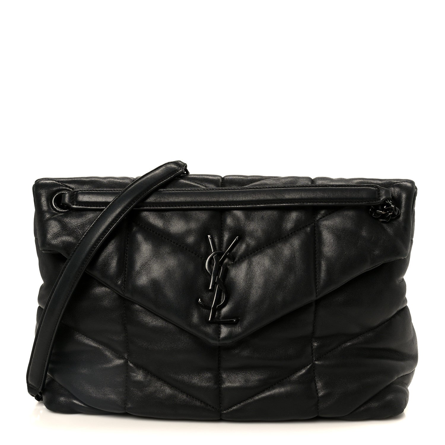 Lambskin Quilted Monogram Monochrome Medium Loulou Puffer Chain Satchel Black