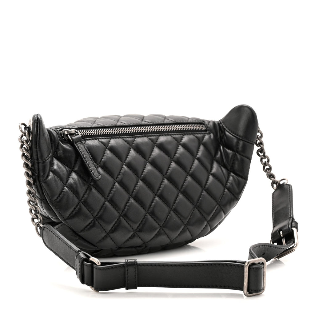 Lambskin Quilted Banane Waist Bag Fanny Pack Black