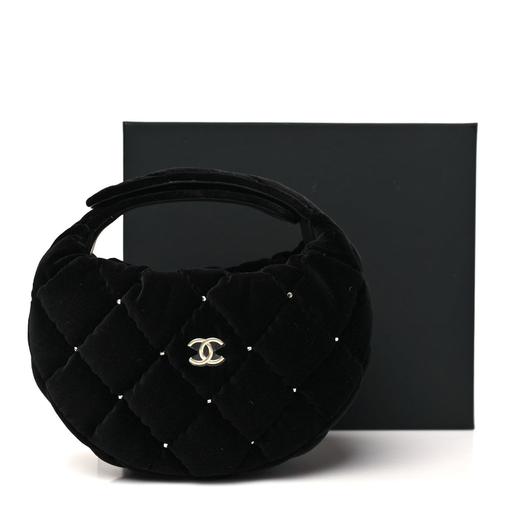 Velvet Diamanté Quilted Pocket Pouch Hobo Black
