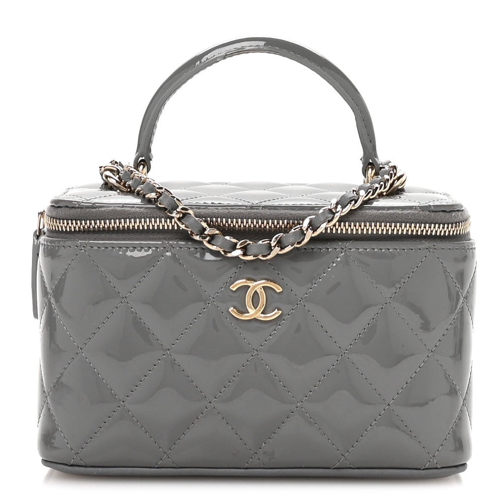 Patent Quilted Quilted Small Top Handle Vanity Case With Chain Grey