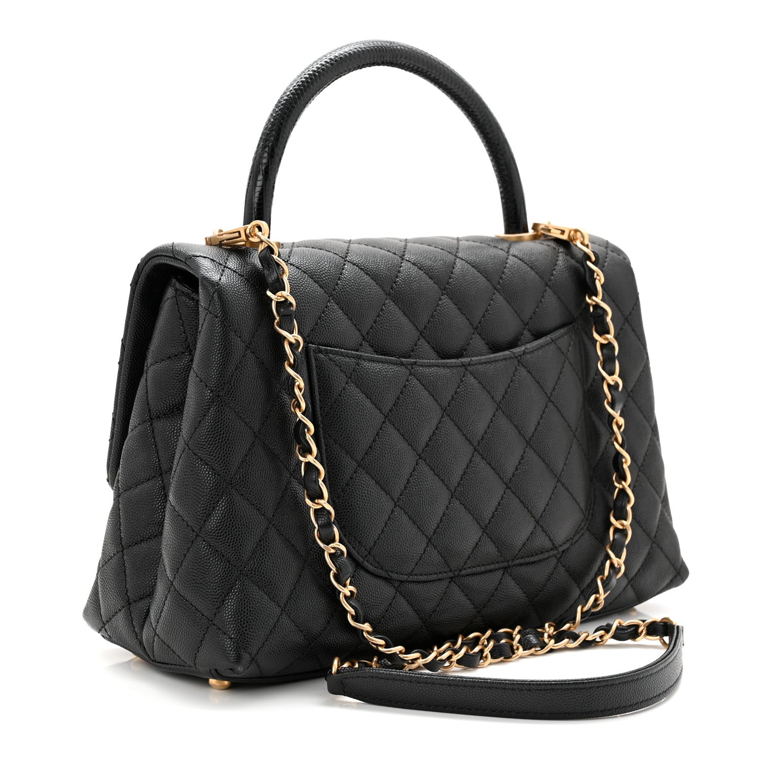 Caviar Lizard Embossed Quilted Small Coco Handle Flap Black