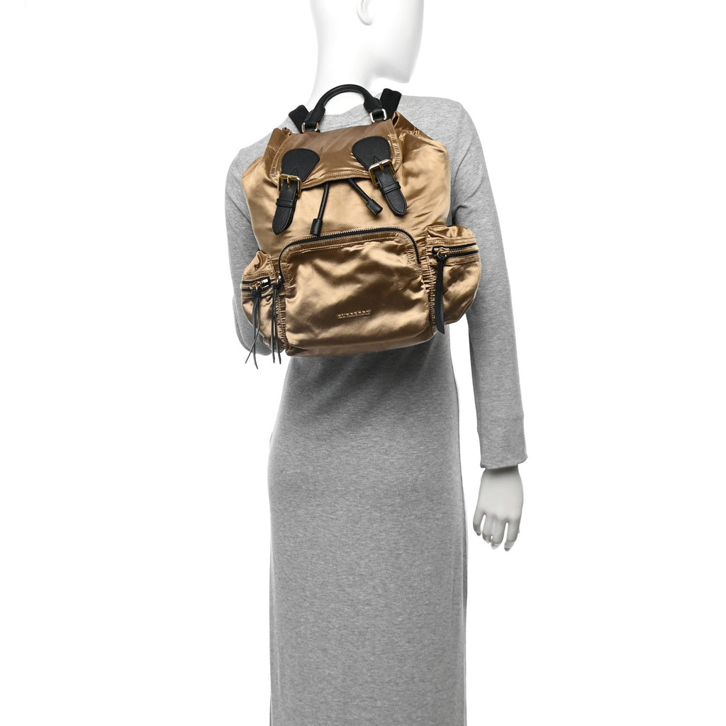 Metallic Satin Nylon Medium Rucksack Backpack Gold