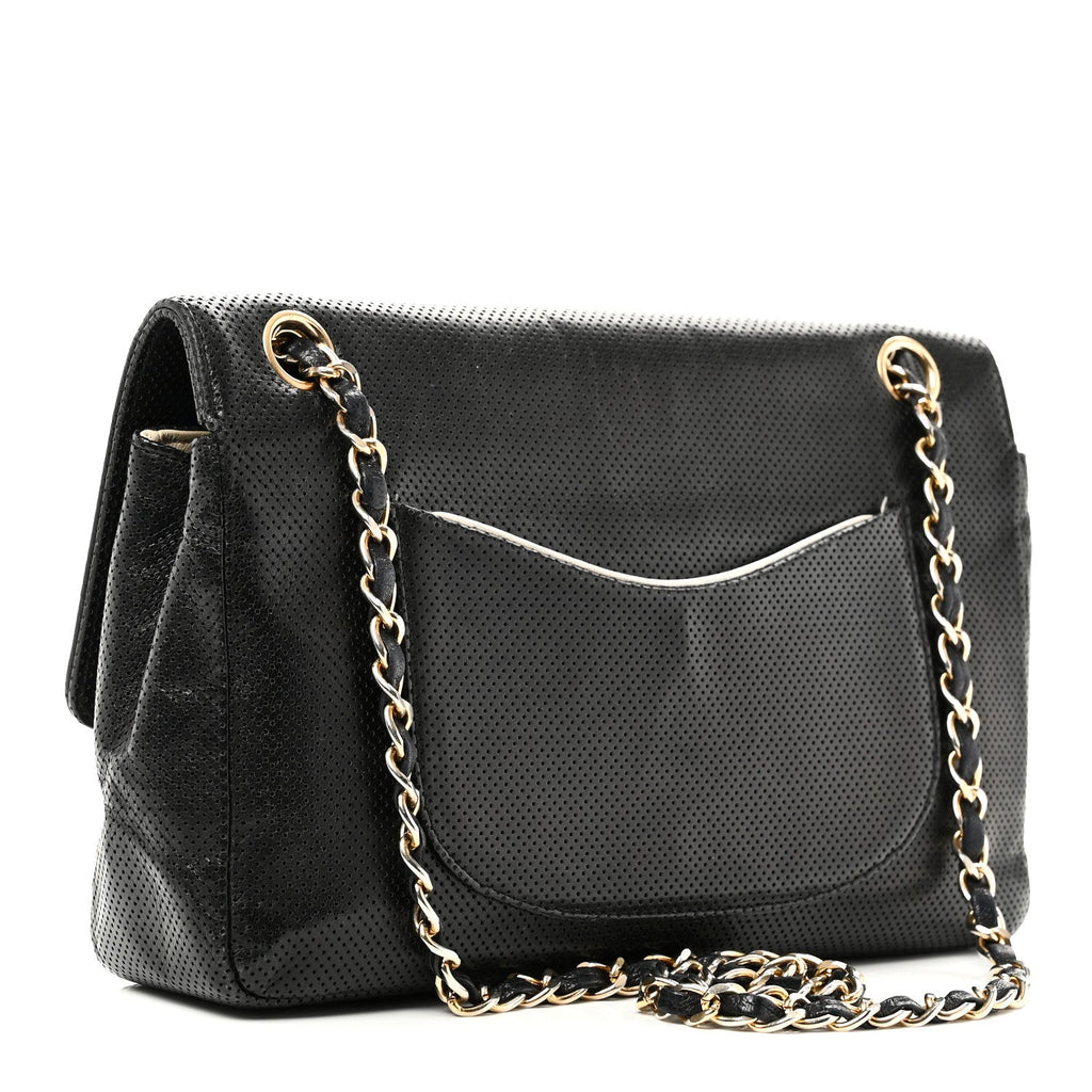 Lambskin Perforated Medium Single Flap Bag Black White