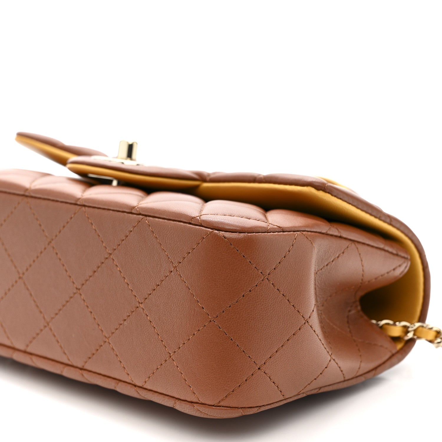 Lambskin Quilted Bi-Color Mini Top Handle Rectangular Flap Light Brown Yellow