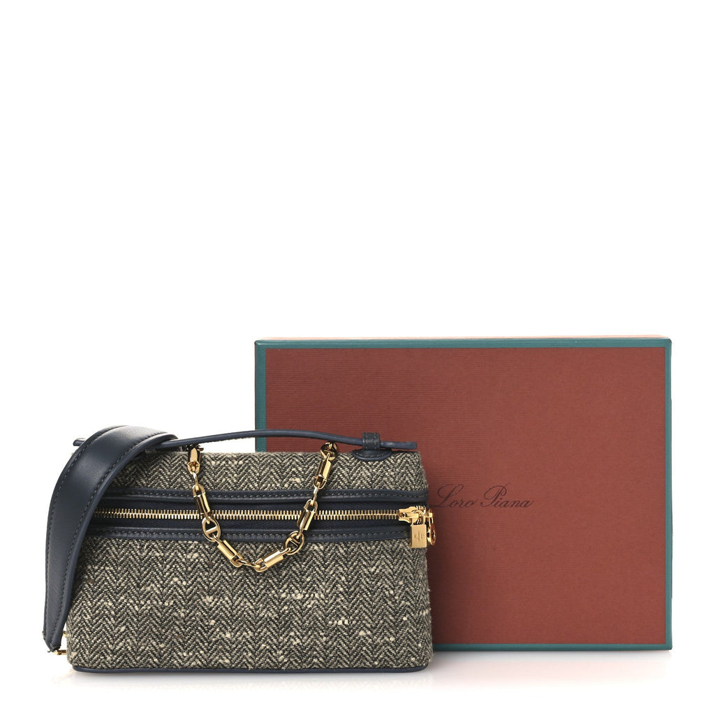 Virgin Wool Blend Herringbone Calfskin Extra Pocket Mini Pouch Green Sand Blue Green Sun Gold